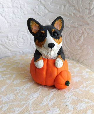 Corgi Autumn Pumpkin Sculpture Dog Lover Clay Mini By Raquel