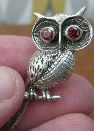 A Edwardian Style Solid Silver Owl Brooch With Ruby Coloured Gem Eyes