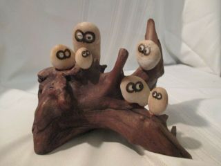 Vintage Oolie Owl Pet Rock Family On Driftwood Mid Century Kitsch Novelty
