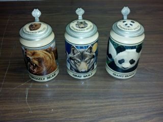 (3) Set Of 3 Budweiser Endangered Species Panda Bear Wolf Beer Stein Display