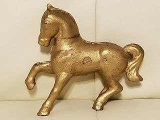 Vintage Antique Cast Iron Horse Still Coin Bank Brass Gold Prancing