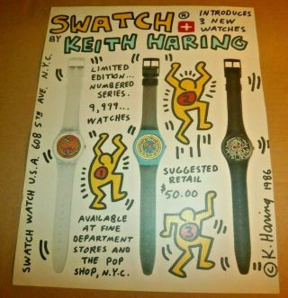 Vintage 1986 Swatch Watch Advertising Print Ad By Keith Haring 12h X 9 5/8w Good