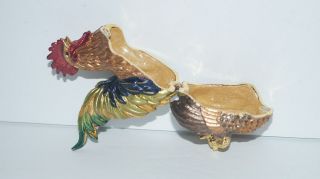 Gold - Trimed Colorful Metal Rooster Figurine Trinket Holder W Magnetic Closure