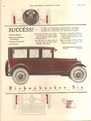 1923 Rickenbacker Six Orig Vint Car Ad