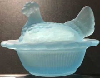 Mosser Glass Aqua Satin Hen On Nest Chicken Salt Dish Made In Ohio Usa Rare