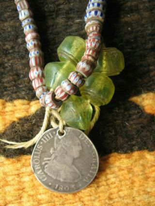 Antique Glass Trade Beads With Silver Spanish 1803 2 Real Coin From Mexico City