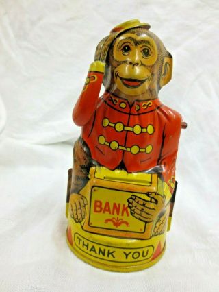 Vintage J.  Chein 5 " Monkey Tipping Hat Mechanical Bank Tin Litho