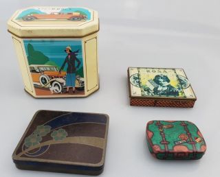 20 Four (4) Vintage Tins Do Do Designs / Rosa / Luggage Cars / Marmon