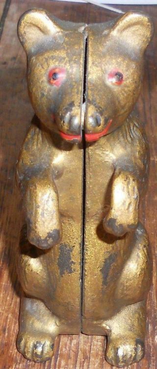 18 - 1900 Cast Iron Gold & Red Large Standing Bear Still Bank - All