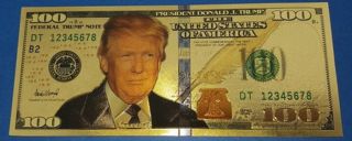 Donald Trump Bank Note Bill 24kt Gold 100 Dollar Us President Americana Signed