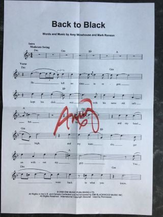 Amy Winehouse Hand Signed Autograph “back To Black” Signed Music Sheet