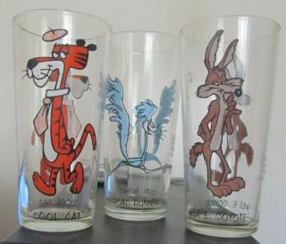 3 Looney Tunes Pepsi Collector Glasses 1973 Wile E Coyote,  Road Runner,  Cool Cat