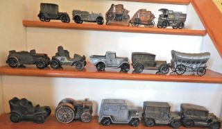 15 Vintage Banthrico Coin Banks Cast Metal Cars Trucks Tractors Stagecoach