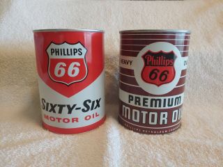2 Full Phillips 66 Metal Motor Oil Cans 1 Quart Sixty Six Premium Heavy Duty Qt