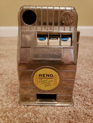 Vintage Metal Slot Machine Mechanical Bank Nevada Jack Pot Reno