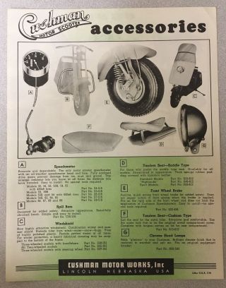 Vintage Cushman Motor Scooters Dealer Accessories Advertising Sales Brochure