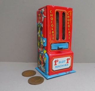 Vintage Tin Plate Toy Chocolate Slot Vending Machine Penny Money Box Circus