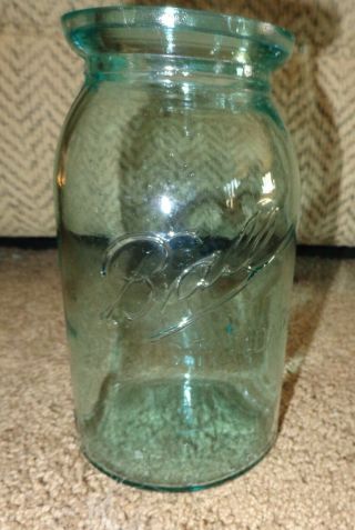 Old Vintage Antique Wavy Greenish Blue Glass Ball Standard Wax Seal Quart Jar 1c