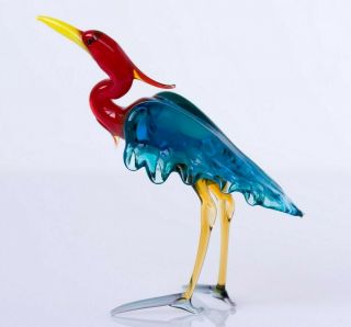 Blue Orange Heron Figurine Blown Glass " Murano " Art Bird Ibis Miniature