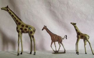 3 Antique Prewar England Giraffe Lead Metal Toys Figures