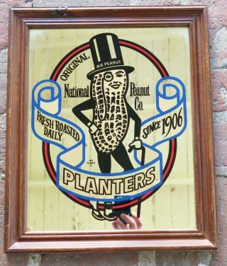 Vintage Planters Mirrored Sign,  Mr.  Peanut Mirror - National Peanut Co.  14 X 17