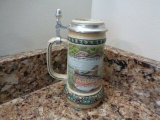 Old Gerz German Beer Stein With Fish Pewter Hinged Lid 8 1/2 " Tall
