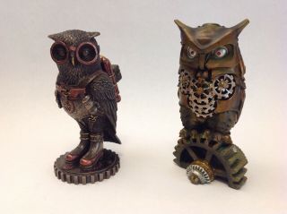 Set Of Two Steampunk Owl Statues With Jetpack & Gears Figurine