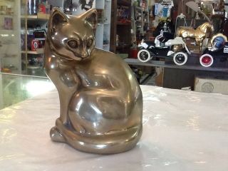 Large Vintage Heavy Brass Cat Statue Over 3 Lbs Mid - Century Cat Lover Decor