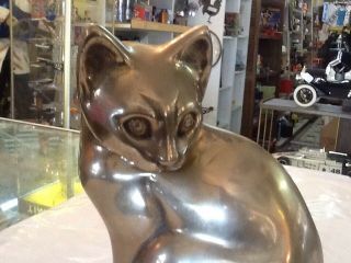 Large Vintage Heavy Brass Cat Statue Over 3 Lbs Mid - century Cat Lover Decor 2
