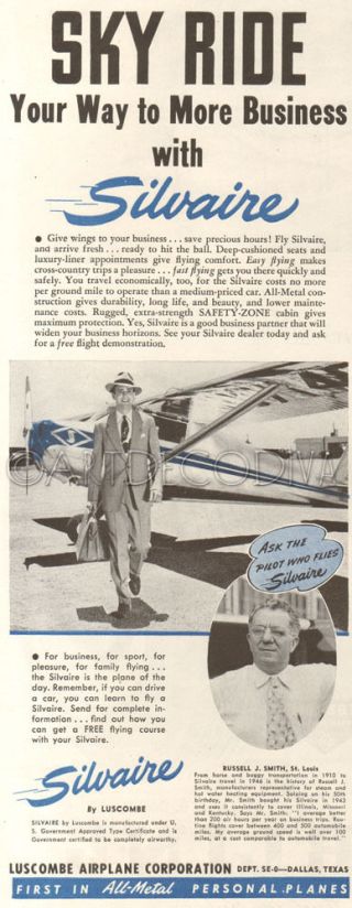 Vtg 1946 Luscombe Airplane Silvaire Business Travel Pilot Aircraft Plane Ad