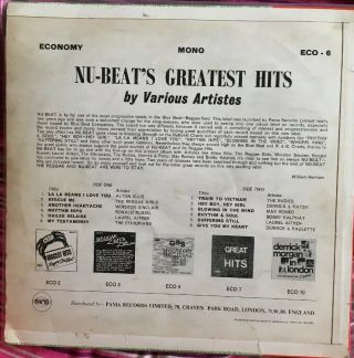 NU BEAT GREATEST HITS Rocksteady Ska Reggae PAMA ECO 6 1969 LP EX - /VG, 2
