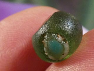 Ancient Roman Egyptian Mosiac Glass 3 Eye Bead Rare 10.  6 By 7.  8 Mm Clear Green