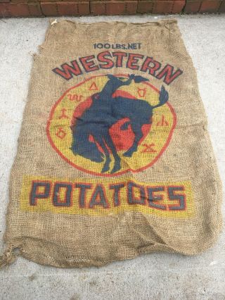 Vintage Burlap Feed Sack Western Potatoes Cowboy Rodeo Bucking Bronco Potato Bag