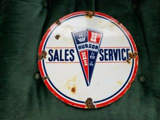 Hudson Sales Service Porcelain Sign Car Dealer Gas Oil Garage American