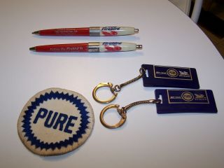 Vintage Pure Oil Company Pens (2),  Patch And Key Chains (2)