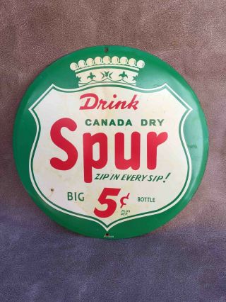 Old Drink Canada Dry Spur Cola Big 5¢ Bottle Domed Tin Advertising Soda Sign