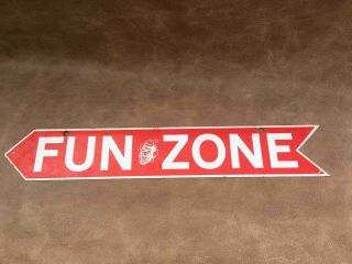 Old 2 Sided Painted Metal Fun Zone Arrow Amusement Park Sign Clown Face