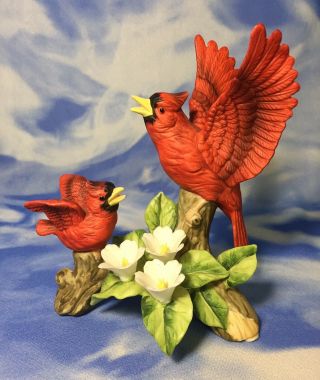 Htf Vintage Painted Porcelain Red Cardinal Bird & Chick Figurine Flowers Rguc