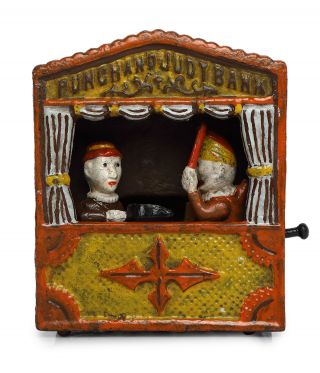 Antique / Vintage Style Cast Iron Mechanical Punch And Judy Money Box Bank
