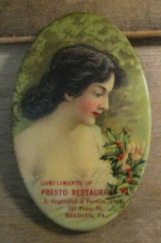 Presto Restaurant Reading Pa Oval Advertising Celluloid Pocket Mirror W Woman