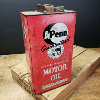 Vintage Gallon 5 Quart Tall Apenn Motor Oil Can Petroliana