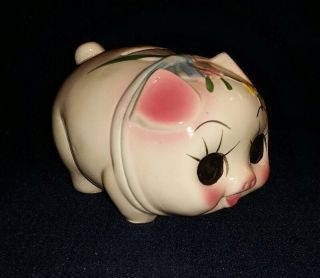 Vintage Ceramic Pink Piggy Bank Hand Painted W/flowers Whimsical