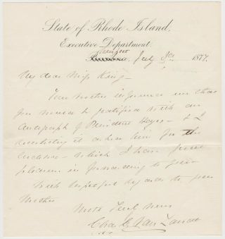 Charles C.  Van Zandt Governor Of Ri - 1877 Autograph Letter Signed Re Pres Hayes