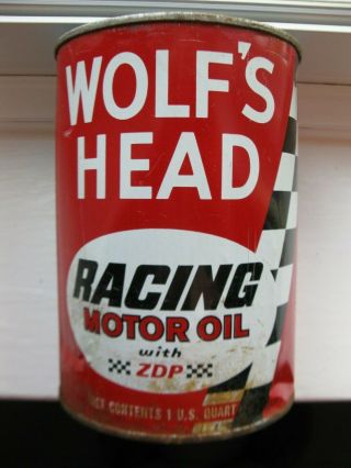 Rare Old Vintage Wolf’s Head Racing Motor Oil Qt.  All Metal Tin Can