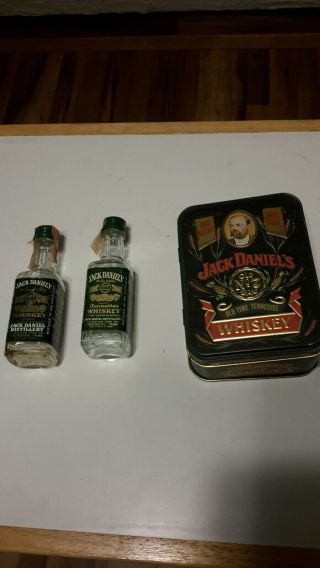 Jack Daniels Green Label Souvenir Tin,  Includes 2 (emoty) 1.  6 Oz Glass Bottles.