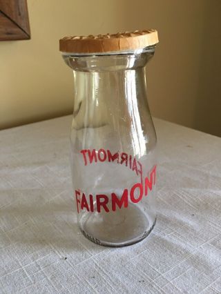 Vintage Fairmont Half Pint Milk Bottle Thatcher Glass Company With Lid
