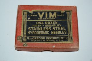 Wow Vintage Vim Steel Hypodermic Needles Box W/ 4 Needles For Medicine Rare