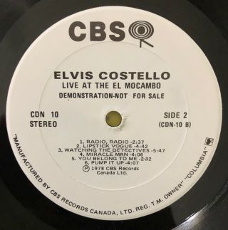 Elvis Costello Live At The El Mocambo Vinyl LP RADIO DEMO PROMO 1978 EX/EX 5