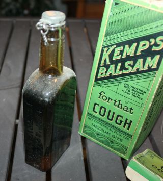 Vintage Kemp ' s Kemps Balsam For That Cough Med.  size 4.  5 oz w/ fluid,  box,  extra 2