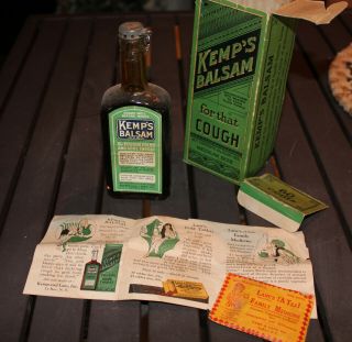 Vintage Kemp ' s Kemps Balsam For That Cough Med.  size 4.  5 oz w/ fluid,  box,  extra 3